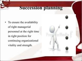 Succession planning

• To ensure the availability
  of right managerial
  personnel at the right time
  in right position for
  continuing organizational
  vitality and strength.
 
