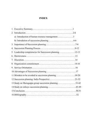 INDEX
1. Executive Summary………………………………………………1
2. Introduction……………………………………………………….2-6
a) Introduction of human resource management…………………3
b) Introdution of succession planning…………………………….4-6
3. Importance of Succession planning………………………………….7-8
4. Succession Planning Process………………………………………..9-12
5. Leadership competencies for Succession planning…………………12-13
6. Decisiveness…………………………………………………………13
7. Discretion……………………………………………………………14
8. Organization commitement…………………………………………14-16
9. Service Orientation…………………………………………………..16
10.Advantages of Succession planning………………………………….17
11.Mistakes to be avoided in succession planning……………………..18-20
12.Succession planning: India Prespective……………………………..21-32
13.Study on Muruguppa group succession planning……………………33-42
14.Study on infosys succession planning………………………………..43-49
15.Conclusion……………………………………………………………50-51
16.Bibliography…………………………………………………………..52
 