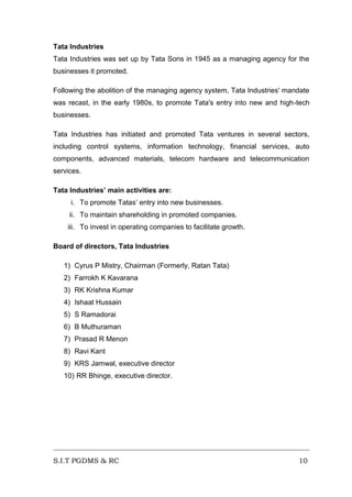 Tata Industries
Tata Industries was set up by Tata Sons in 1945 as a managing agency for the
businesses it promoted.
Following the abolition of the managing agency system, Tata Industries' mandate
was recast, in the early 1980s, to promote Tata's entry into new and high-tech
businesses.
Tata Industries has initiated and promoted Tata ventures in several sectors,
including control systems, information technology, financial services, auto
components, advanced materials, telecom hardware and telecommunication
services.
Tata Industries’ main activities are:
i. To promote Tatas’ entry into new businesses.
ii. To maintain shareholding in promoted companies.
iii. To invest in operating companies to facilitate growth.
Board of directors, Tata Industries
1) Cyrus P Mistry, Chairman (Formerly, Ratan Tata)
2) Farrokh K Kavarana
3) RK Krishna Kumar
4) Ishaat Hussain
5) S Ramadorai
6) B Muthuraman
7) Prasad R Menon
8) Ravi Kant
9) KRS Jamwal, executive director
10) RR Bhinge, executive director.

S.I.T PGDMS & RC

10

 