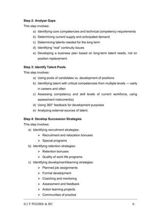 Step 2: Analyze Gaps
This step involves:
a) Identifying core competencies and technical competency requirements
b) Determining current supply and anticipated demand
c) Determining talents needed for the long term
d) Identifying “real” continuity issues
e) Developing a business plan based on long-term talent needs, not on
position replacement.
Step 3: Identify Talent Pools
This step involves:
a) Using pools of candidates vs. development of positions
b) Identifying talent with critical competencies from multiple levels — early
in careers and often
c) Assessing competency and skill levels of current workforce, using
assessment instrument(s)
d) Using 360° feedback for development purposes
e) Analyzing external sources of talent.
Step 4: Develop Succession Strategies
This step involves:
a) Identifying recruitment strategies:
 Recruitment and relocation bonuses
 Special programs
b) Identifying retention strategies:
 Retention bonuses
 Quality of work life programs
c) Identifying development/learning strategies:
 Planned job assignments
 Formal development
 Coaching and mentoring
 Assessment and feedback
 Action learning projects
 Communities of practice
S.I.T PGDMS & RC

6

 