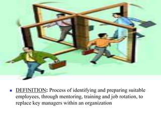 

DEFINITION: Process of identifying and preparing suitable
employees, through mentoring, training and job rotation, to
replace key managers within an organization

 