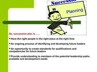 So, succession plan is …..
Have the right people in the right place at the right time
An ongoing process of identifying and developing future leaders
An opportunity to create standards for qualifications and
competencies for future leaders
Provide understanding to members of the potential leadership paths
available and development needs
Successio
n
Planning
 