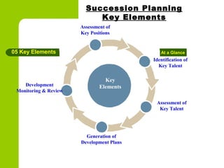 Assessment of
Key Positions
Identification of
Key Talent
Assessment of
Key Talent
Generation of
Development Plans
Development
Monitoring & Review
Key
Elements
05 Key Elements At a Glance
Succession Planning
Key Elements
 