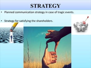 STRATEGY
• Planned communication strategy in case of tragic events.
• Strategy for satisfying the shareholders.
 