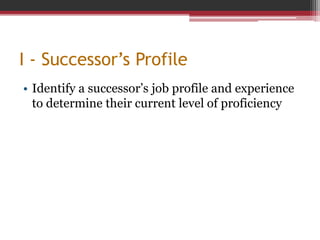 I - Successor’s Profile
• Identify a successor’s job profile and experience
to determine their current level of proficiency
 