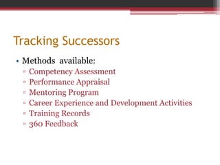 Tracking Successors
• Methods available:
▫ Competency Assessment
▫ Performance Appraisal
▫ Mentoring Program
▫ Career Experience and Development Activities
▫ Training Records
▫ 360 Feedback
 