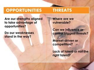 OPPORTUNITIES 
THREATS 
Are our strengths aligned to take advantage of opportunities? 
Do our weaknesses stand in the way? 
Where are we vulnerable? 
Can we influence or control biggest threats? 
Market-driven or competition? 
Lack of talent or not the right talent?  
