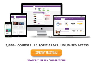 WWW.BIZLIBRARY.COM/FREE-TRIAL 
7,000+ COURSES . 25 TOPIC AREAS . UNLIMITED ACCESS  