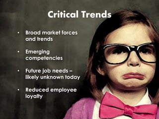 Critical Trends 
•Broad market forces and trends 
•Emerging competencies 
•Future job needs – likely unknown today 
•Reduced employee loyalty  
