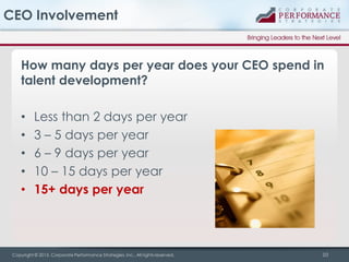 CEO Involvement

How many days per year does your CEO spend in
talent development?
•
•
•
•
•

Less than 2 days per year
3 – 5 days per year
6 – 9 days per year
10 – 15 days per year
15+ days per year

Copyright © 2013, Corporate Performance Strategies, Inc., All rights reserved.

10

 