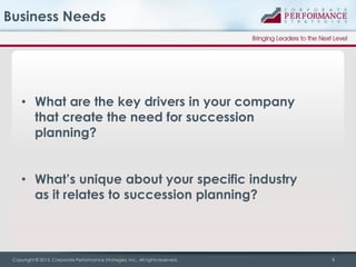 Business Needs

• What are the key drivers in your company
that create the need for succession
planning?
• What’s unique about your specific industry
as it relates to succession planning?

Copyright © 2013, Corporate Performance Strategies, Inc., All rights reserved.

4

 