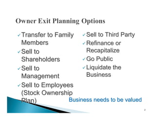  Transfer to Family  Sell to Third Party
  Members               Refinance or

 Sell to                Recapitalize
  Shareholders          Go Public

 Sell to               Liquidate the

  Management             Business
 Sell to Employees
  (Stock Ownership
  Plan)           Business needs to be valued
                                                2
 