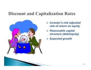  Investor’s risk adjusted
  rate of return on equity
 Reasonable capital
  structure (debt/equity)
 Expected growth




                             21
 