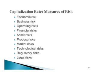    Economic risk
   Business risk
   Operating risks
   Financial risks
   Asset risks
   Product risks
   Market risks
   Technological risks
   Regulatory risks
   Legal risks


                          23
 