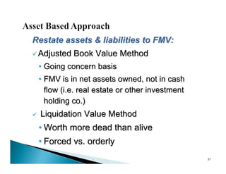 Restate assets & liabilities to FMV:
 Adjusted    Book Value Method
    • Going concern basis
    • FMV is in net assets owned, not in cash
      flow (i.e. real estate or other investment
      holding co.)
   Liquidation Value Method
    • Worth more dead than alive
    • Forced vs. orderly
                                                   31
 