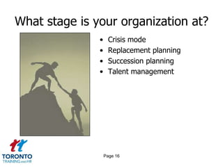 What stage is your organization at?
• Crisis mode
• Replacement planning
• Succession planning
• Talent management
Page 16
 