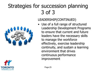 Strategies for succession planning
3 of 3
LEADERSHIP(CONTINUED)
• Use of a full range of structured
Leadership Development Programs
to ensure that current and future
leaders have the necessary skills
to manage the workforce
effectively, exercise leadership
continuity, and sustain a learning
environment that drives
continuous performance
improvement
Page 25
 