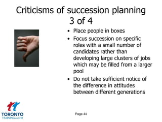 Criticisms of succession planning
3 of 4
• Place people in boxes
• Focus succession on specific
roles with a small number of
candidates rather than
developing large clusters of jobs
which may be filled from a larger
pool
• Do not take sufficient notice of
the difference in attitudes
between different generations
Page 44
 