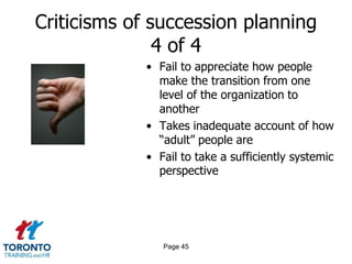 Criticisms of succession planning
4 of 4
• Fail to appreciate how people
make the transition from one
level of the organization to
another
• Takes inadequate account of how
“adult” people are
• Fail to take a sufficiently systemic
perspective
Page 45
 