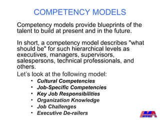 COMPETENCY MODELS
Competency models provide blueprints of the
talent to build at present and in the future.
In short, a competency model describes "what
should be" for such hierarchical levels as
executives, managers, supervisors,
salespersons, technical professionals, and
others.
Let’s look at the following model:
     •   Cultural Competencies
     •   Job-Specific Competencies
     •   Key Job Responsibilities
     •   Organization Knowledge
     •   Job Challenges
     •   Executive De-railers
 