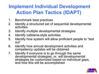 Implement Individual Development
   Action Plan Tactics (IDAPT)
1.   Benchmark best practices
2.   Identify a structured set of sequential developmental
     activities
3.   Identify multiple developmental strategies
4.   Identify cafeteria-style activities
5.   Identify how system will allow proficient people to “test
     out”
6.   Identify how annual development activities and
     competency updates will be obtained
7.   Identify if everyone is to go through the same
     developmental strategies, or, will developmental
     strategies be customized based on individual gaps,
     and how this will be accomplished
 