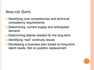 ANALYZE GAPS
 Identifying core competencies and technical
competency requirements
 Determining current supply and anticipated
demand
 Determining talents needed for the long term
 Identifying “real” continuity issues
 Developing a business plan based on long-term
talent needs, Not on position replacement
 