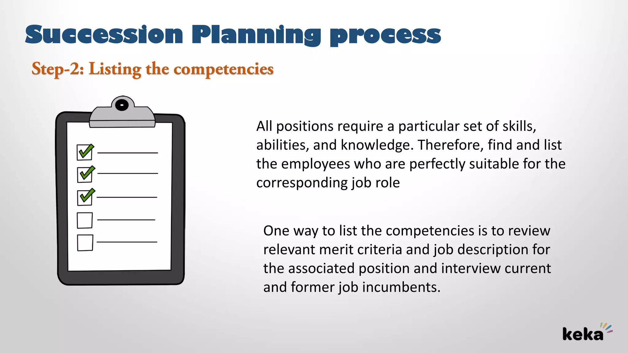 Succession Planning process
All positions require a particular set of skills,
abilities, and knowledge. Therefore, find and list
the employees who are perfectly suitable for the
corresponding job role
Step-2: Listing the competencies
One way to list the competencies is to review
relevant merit criteria and job description for
the associated position and interview current
and former job incumbents.
 