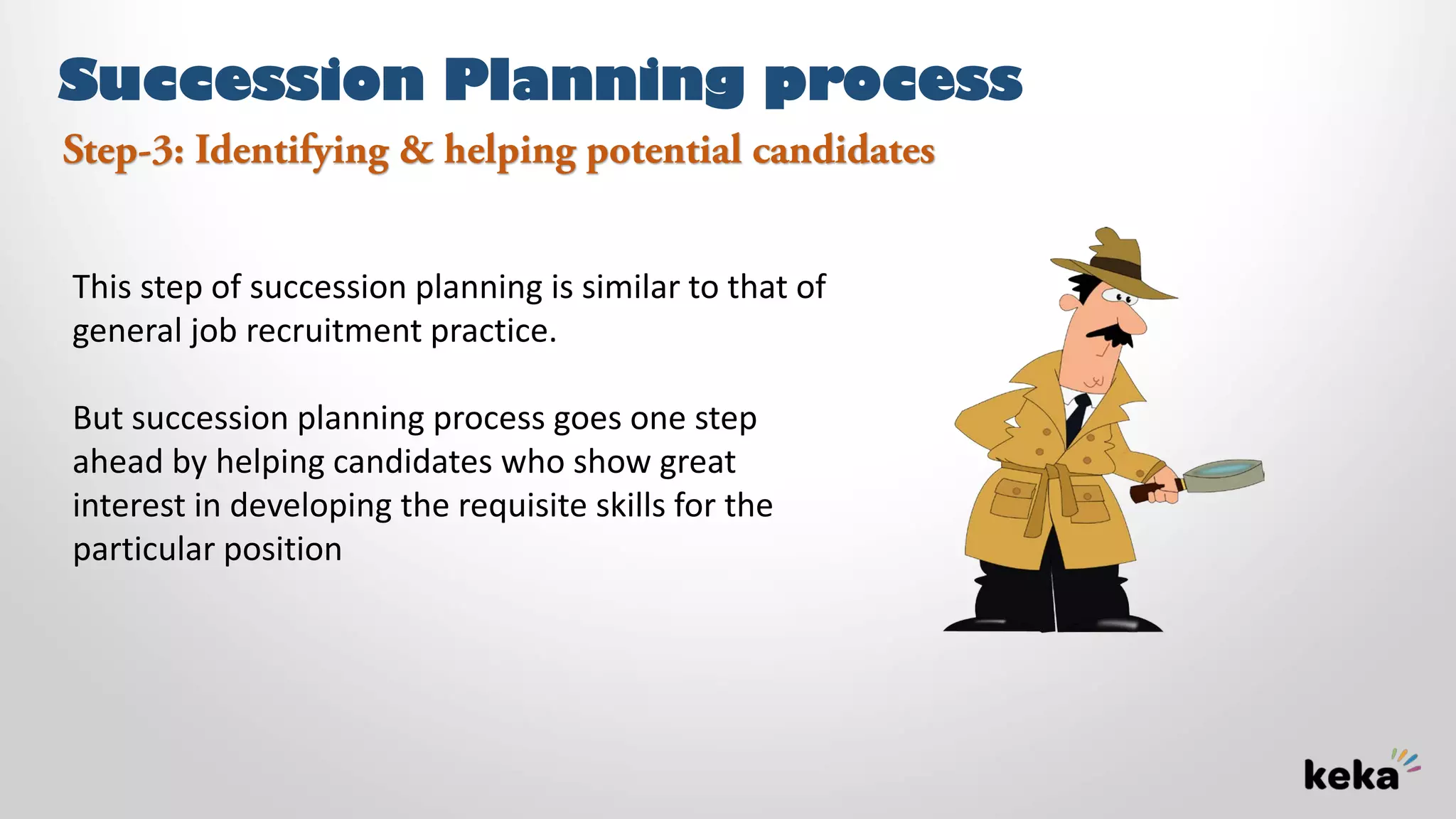 Succession Planning process
This step of succession planning is similar to that of
general job recruitment practice.
But succession planning process goes one step
ahead by helping candidates who show great
interest in developing the requisite skills for the
particular position
Step-3: Identifying & helping potential candidates
 