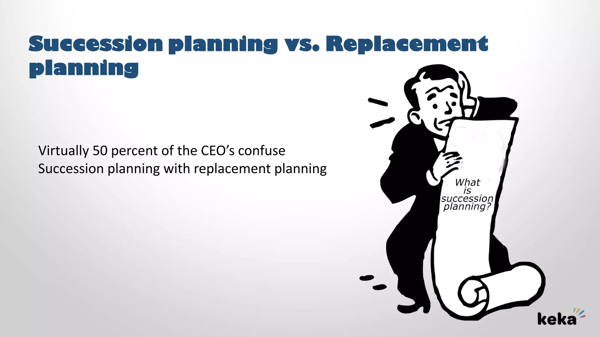Succession planning vs. Replacement
planning
Virtually 50 percent of the CEO’s confuse
Succession planning with replacement planning
 
