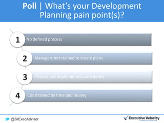 @SrExecAdvisor
No defined process
Managers not trained to create plans
Process not implemented consistently
Constrained by time and money
1
2
3
4
Poll | What’s your Development
Planning pain point(s)?
 