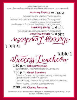 Table 1
1:30 p.m. Official Welcome
SuccessLuncheon
Sarah Hatch, Assistant Director of Admissions
1:35 p.m. Guest Speakers
Caroline Cronin, Kelley senior studying Marketing and
Operations with a minor in Spanish
Laura Asbury, Director, Kelley Institute for Social Impact
Alison Kvetko, Director, Business Honors
2:00 p.m.Closing Remarks
Optional tours of the IU campus, Hodge Hall and Kelley Living Learning Center
are available until 3:30pm
Table1
1:30p.m.OfficialWelcome
SarahHatch,AssistantDirectorofAdmissions
1:35p.m.GuestSpeakers
CarolineCronin,KelleyseniorstudyingMarketingand
OperationswithaminorinSpanish
LauraAsbury,Director,KelleyInstituteforSocialImpact
AlisonKvetko,Director,BusinessHonors
2:00p.m.ClosingRemarks
OptionaltoursoftheIUcampus,HodgeHallandKelleyLivingLearningCenter
areavailableuntil3:30pm
SuccessLuncheon
 