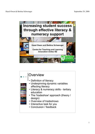 Using literacy tools and strategies as a foundation to enhance students’ learning and study success   Hazel Owen and Bettina Schwenger   Centre for Teaching and Learning Innovation Unitec NZ 