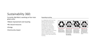 Sustainability 360:
Currently, Wal-Mart is working on four main
green acres:
•Waste improvement and recycling
•Re natural resources
•Energy
•Community impact
 