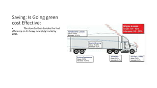 Saving: Is Going green
cost Effective:
• The store further doubles the fuel
efficiency on its heavy new duty trucks by
2015.
 
