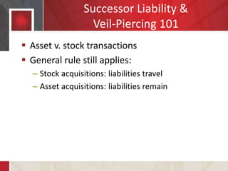 Successor Liability &
Veil-Piercing 101
 Asset v. stock transactions
 General rule still applies:
– Stock acquisitions: liabilities travel
– Asset acquisitions: liabilities remain
 