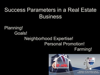 Success Parameters in a Real Estate
Business
Planning!
Goals!
Neighborhood Expertise!
Personal Promotion!
Farming!
 