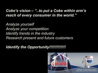 Coke’s vision – “..to put a Coke within arm’s
reach of every consumer in the world.”
Analyze yourself
Analyze your competition
Identify trends in the industry
Research present and future customers
Identify the Opportunity!!!!!!!!!!!!!
 