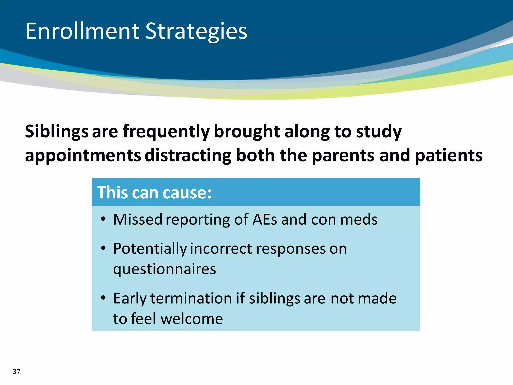 Enrollment Strategies


     Siblings are frequently brought along to study
     appointments distracting both the parents and patients
             This can cause:
             • Missed reporting of AEs and con meds
             • Potentially incorrect responses on
               questionnaires
             • Early termination if siblings are not made
               to feel welcome

37
 