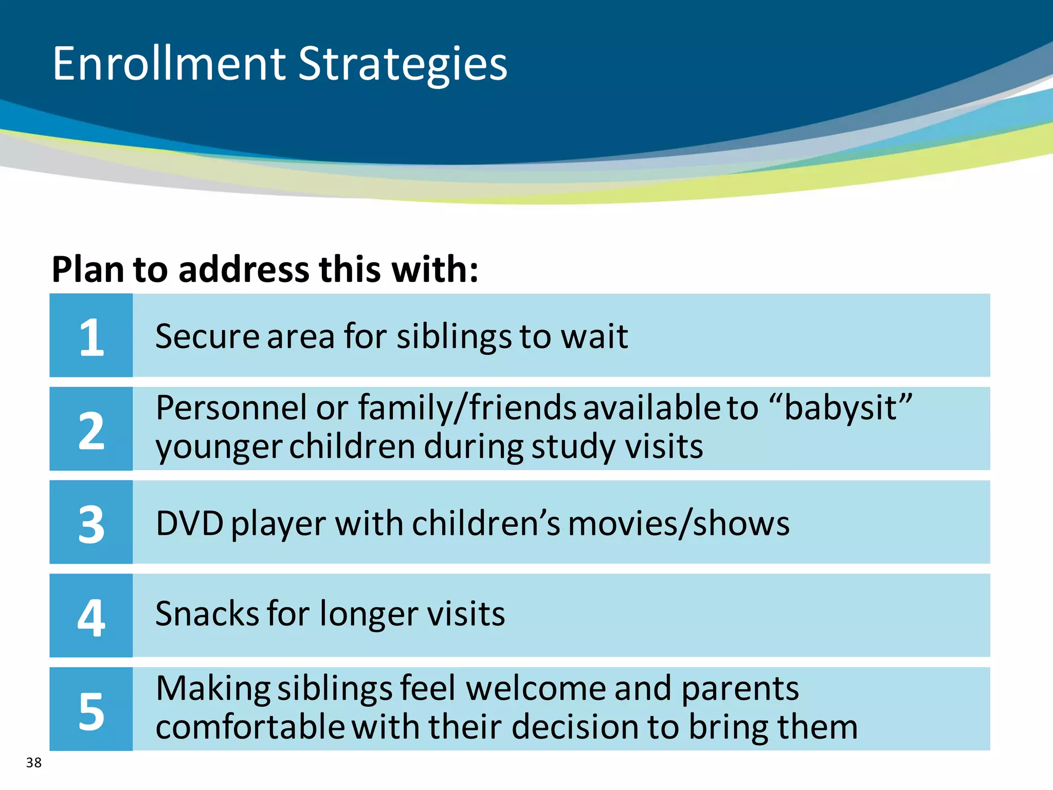 Enrollment Strategies


     Plan to address this with:
      1    Secure area for siblings to wait
           Personnel or family/friends available to “babysit”
      2    younger children during study visits

      3    DVD player with children’s movies/shows

      4    Snacks for longer visits
           Making siblings feel welcome and parents
      5    comfortable with their decision to bring them
38
 