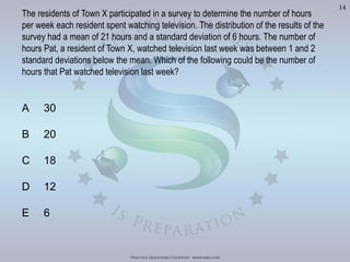 Practice Questions Courtesy: www.mba.com
14
A 30
B 20
C 18
D 12
E 6
The residents of Town X participated in a survey to determine the number of hours
per week each resident spent watching television. The distribution of the results of the
survey had a mean of 21 hours and a standard deviation of 6 hours. The number of
hours Pat, a resident of Town X, watched television last week was between 1 and 2
standard deviations below the mean. Which of the following could be the number of
hours that Pat watched television last week?
Visit	
  h'p://goo.gl/U8LA95	
  for	
  over	
  400	
  Video	
  Solu>ons	
  of	
  The	
  Oﬃcial	
  GMAT	
  Review	
  Textbook
 