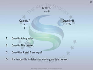 Practice Questions Courtesy: ets gre - www.ets.org/gre
05
Quantity A
x
y
Quantity B
0.85
y = 8
A Quantity A is greater.
B Quantity B is greater.
C Quantities A and B are equal.
D It is impossible to determine which quantity is greater.
Visit	
  h'p://goo.gl/Bq6P5X	
  for	
  240	
  GRE	
  Prac?ce	
  Test	
  Video	
  Solu?ons
 