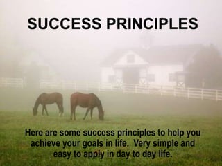 SUCCESS PRINCIPLES




Here are some success principles to help you
 achieve your goals in life. Very simple and
       easy to apply in day to day life.
 