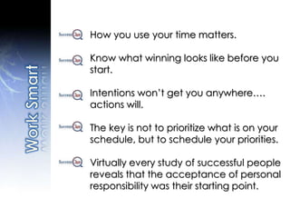 How you use your time matters.
Know what winning looks like before you
start.
Intentions won’t get you anywhere….
actions will.
The key is not to prioritize what is on your
schedule, but to schedule your priorities.
Virtually every study of successful people
reveals that the acceptance of personal
responsibility was their starting point.
 