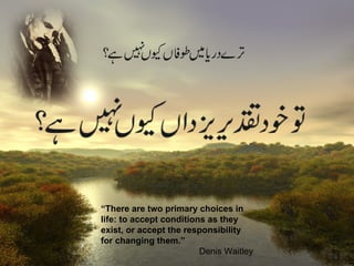“ There are two primary choices in life: to accept conditions as they exist, or accept the responsibility for changing them.”   Denis Waitley 