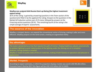 6
WayRay
WayRay was assigned AAA Russian Start-up Rating (the highest investment
appeal rating)
30 % of the rating is gained by answering questions in the Team section of the
questionnaire filled in by the applicant for rating. Answers to the questions in the
Market & Production section earn 25 % more, followed by answers to the
Financing section questions (20 %) . The remaining fourth of the rating is the
simple average of experts’ assessments.
WayRay, a compact device, can expand the conventional notion of driving; making it safer and more
effective. WayRay projects on the wind screen, creating an augmented reality.
The essence of the innovation
Key advantages
The route is presented as a line that repeats the path of motion. Display brightness adjusts automatically
to outdoor lighting to avoid deterioration of the lighting under the shining sun or in complete
darkness, during rainfall or snowfall.
WayRay is made of quality state-of the-art materials, making it both flawless in operation and pleasant in
appearance.
According to expert estimates, in 2012 the projection displays market was worth USD 991.86 million.
Forecasts have it that by 2017 this figure will be USD 2.91 billion (24 % CAGR).
Market. Prospects
 