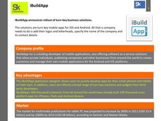 iBuildApp

6

iBuildApp announces rollout of turn-key business solutions.
The solutions are turn-key mobile apps for iOS and Android. All that a company
needs to do is add their logos and letterheads, specify the name of the company and
its contact details.

Company profile
iBuildApp Inc is a leading developer of mobile applications, also offering software as a service solutions
that allow private individuals, publishing companies and other businesses from around the world to create,
customise and manage their own mobile applications for the Android and iOS platforms.

Key advantages
The iBuildApp application designer allows users to quickly develop apps for their smart phones and tablets
on their own. In addition, users are offered a broad range of turn-key solutions and widgets from third
party developers.
iBuildApp’s 400 thousand customers from all around the world have already built 100 thousand crossplatform apps for iPhones, iPads and Android devices

Market
The market for multimedia publications for tablet PC was projected to increase by 300% in 2011 (USD 15.4
billion) and by 1000% by 2014 (USD 58 billion), according to Gartner and Nielsen Media.

 