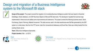 Implementation of MS Business Intelligence system
in the Production
Technologies
Microsoft BI, Transact-SQL, MDX, Visual S...