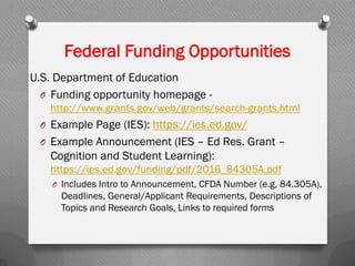 U.S. Department of Education
O Funding opportunity homepage -
http://www.grants.gov/web/grants/search-grants.html
O Example Page (IES): https://ies.ed.gov/
O Example Announcement (IES – Ed Res. Grant –
Cognition and Student Learning):
https://ies.ed.gov/funding/pdf/2016_84305A.pdf
O Includes Intro to Announcement, CFDA Number (e.g, 84.305A),
Deadlines, General/Applicant Requirements, Descriptions of
Topics and Research Goals, Links to required forms
Federal Funding Opportunities
 