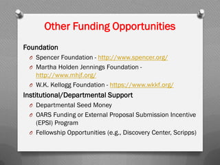Other Funding Opportunities
Foundation
O Spencer Foundation - http://www.spencer.org/
O Martha Holden Jennings Foundation -
http://www.mhjf.org/
O W.K. Kellogg Foundation - https://www.wkkf.org/
Institutional/Departmental Support
O Departmental Seed Money
O OARS Funding or External Proposal Submission Incentive
(EPSI) Program
O Fellowship Opportunities (e.g., Discovery Center, Scripps)
 