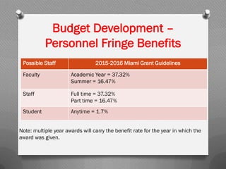 Possible Staff 2015-2016 Miami Grant Guidelines
Faculty Academic Year = 37.32%
Summer = 16.47%
Staff Full time = 37.32%
Part time = 16.47%
Student Anytime = 1.7%
Budget Development –
Personnel Fringe Benefits
Note: multiple year awards will carry the benefit rate for the year in which the
award was given.
 